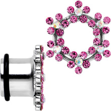 Load image into Gallery viewer, 1/2 Pink and Aurora Gem Snowflake Steel Tunnel Plug Set
