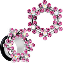 Load image into Gallery viewer, 5/8 Pink and Aurora Gem Snowflake Steel Tunnel Plug Set
