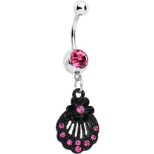 将图片加载到图库查看器，Pink Czech Stone Black Floral Seashell Dangle Belly Ring
