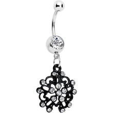Load image into Gallery viewer, Clear Czech Stone Black Intricate Snowflake Dangle Belly Ring
