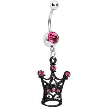 Load image into Gallery viewer, Pink Czech Stone Black Victorian King Crown Dangle Belly Ring

