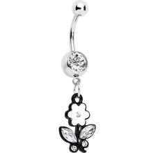 Load image into Gallery viewer, Clear Czech Stone Black Faceted Floral Foliage Dangle Belly Ring
