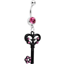 将图片加载到图库查看器，Pink Czech Stone Black Victorian Antique Key Dangle Belly Ring

