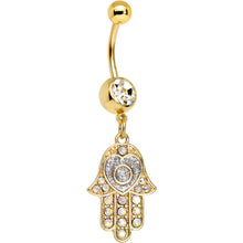 将图片加载到图库查看器，Clear Aurora Gem Gold Anodized Hamsa Heart Dangle Belly Ring
