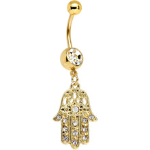将图片加载到图库查看器，Clear Gem Gold Anodized Hamsa Hand Dangle Belly Ring
