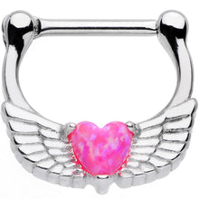 Load image into Gallery viewer, 16G Steel Pink Synthetic Opal Heart Angel Wing Septum Clicker
