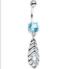 Load image into Gallery viewer, Shades of Blue CZ Gem Feather Dangle Stainless Steel Belly Ring
