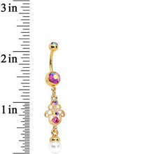 Load image into Gallery viewer, Pink Aurora Gem Faux Pearl Gold Anodized Hamsa Dangle Belly Ring
