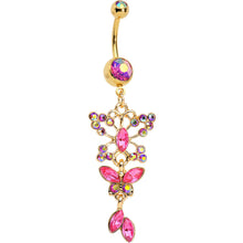 Load image into Gallery viewer, Pink Aurora Gem Gold Anodized Butterfly Blast Dangle Belly Ring
