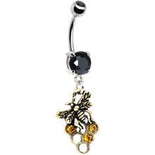 Load image into Gallery viewer, Black and Amber Gem Busy Bee Honeycomb Dangle Belly Ring
