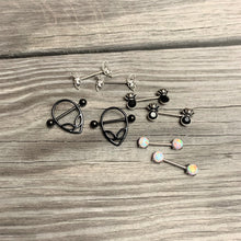 Load image into Gallery viewer, 14G 9/16 Stainless Steel White Synthetic Opal Nipple Barbell Set
