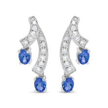 将图片加载到图库查看器，14K White Gold 4x3MM Oval Shaped Natural Blue Tanzanite Gemstone and 1/5 Cttw Diamond Double 3/4" Inch Drop Stud Earrings (H-I Color, VS1-VS2 Clarity)
