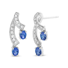 将图片加载到图库查看器，14K White Gold 4x3MM Oval Shaped Natural Blue Tanzanite Gemstone and 1/5 Cttw Diamond Double 3/4" Inch Drop Stud Earrings (H-I Color, VS1-VS2 Clarity)
