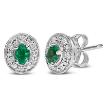 Load image into Gallery viewer, 14K White Gold Oval Green Emerald and 1/10 Cttw Diamond Halo Stud Earrings  (I-J Color, I1-I2 Clarity)
