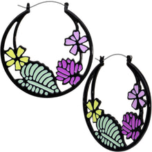将图片加载到图库查看器，Pink Purple Green Floral Bouquet Black Tunnel Hoop Earrings

