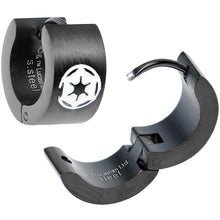 Load image into Gallery viewer, Licensed Black PVD Star Wars Imperial Crest Hoop Huggy Earrings
