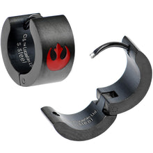 Load image into Gallery viewer, Licensed Star Wars Red Rebel Logo Black PVD Hoop Huggy Earrings
