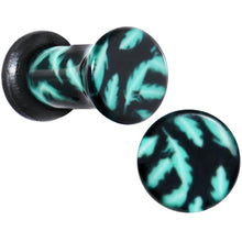 Load image into Gallery viewer, Black Acrylic Teal Feather Single Flare Plug Set Available in Sizes 3mm to 16mm
