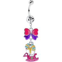 Load image into Gallery viewer, Pink Enamel Rocking Horse and Bow Dangle Belly Ring
