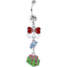 将图片加载到图库查看器，Clear Gem Christmas Present and Bow Dangle Belly Ring
