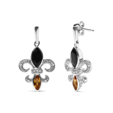 Load image into Gallery viewer, .925 Sterling Silver Marquise Cut Onyx and Citrine with Diamond Accent Fleur De Lis Drop Stud Earrings (H-I Color, SI1-SI2 Clarity)
