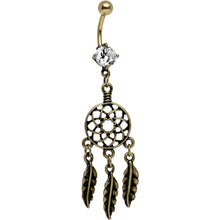 将图片加载到图库查看器，Clear CZ Burnished Gold Anodized Dreamcatcher Dangle Belly Ring
