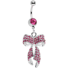 Load image into Gallery viewer, Pink Gem Stainless Steel Encrusted Bow Dangle Belly Ring
