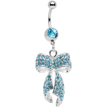 Load image into Gallery viewer, Aqua Gem Stainless Steel Encrusted Bow Dangle Belly Ring
