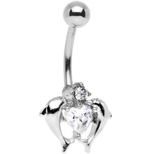 将图片加载到图库查看器，Clear Gem Double Dolphin Heart Bottom Mount Belly Ring
