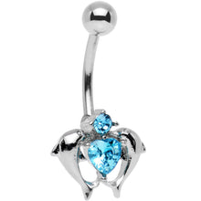 Load image into Gallery viewer, Aqua Gem Double Dolphin Heart Bottom Mount Belly Ring
