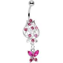 Load image into Gallery viewer, Pink Gem Framework Flower Butterfly Dangle Belly Ring
