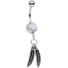 Load image into Gallery viewer, Steel White Synthetic Opal Floating Feathers Dangle Belly Ring
