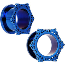 Load image into Gallery viewer, 5/8 Blue PVD Filigree Frame Screw Fit Tunnel Plug Set
