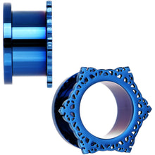 Load image into Gallery viewer, 5/8 Blue PVD Filigree Frame Screw Fit Tunnel Plug Set

