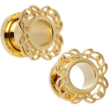 Load image into Gallery viewer, 00G Gold PVD Filigree Flower Screw Fit Tunnel Plug Set
