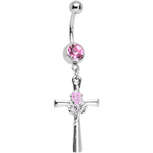 Load image into Gallery viewer, Rosy Pink Gem Cross and Rose Flower Loving Spirit Dangle Belly Ring
