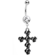 Load image into Gallery viewer, Clear Gem Black Rose Flower Detailed Gothic Cross Dangle Belly Ring
