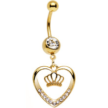 将图片加载到图库查看器，Clear Gem Gold Anodized Claddagh Heart and Crown Dangle Belly Ring
