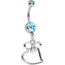 将图片加载到图库查看器，Aqua Gem Pretty Bow and Heart Dangle Belly Ring
