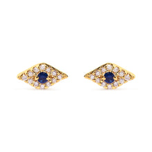 Load image into Gallery viewer, 10K Yellow Gold Blue Sapphire and Diamond Accent Evil Eye Stud Earring (H-I Color, I1-I2 Clarity)
