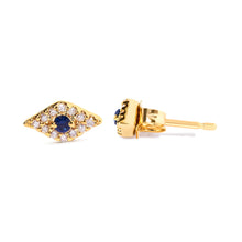 Load image into Gallery viewer, 10K Yellow Gold Blue Sapphire and Diamond Accent Evil Eye Stud Earring (H-I Color, I1-I2 Clarity)
