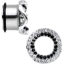 Load image into Gallery viewer, 18mm Clear Black Gem Steel Warped Ring Single Flare Tunnel Plug Set
