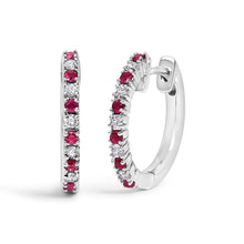 Load image into Gallery viewer, 10K White Gold Alternating Diamond and Red Ruby Huggy Hoop Earrings (I-J Color, I1-I2 Clarity)
