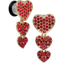 Load image into Gallery viewer, Red Gem Steel Triple Heart Single Flare Dangle Plug Set Sizes 5mm to 00G
