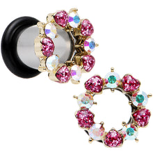 Load image into Gallery viewer, 0G Aurora and Pink Gem Heart Wreath Single Flare Tunnel Plug Set
