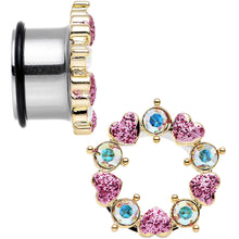 Load image into Gallery viewer, 18mm Aurora and Pink Gem Heart Wreath Single Flare Tunnel Plug Set
