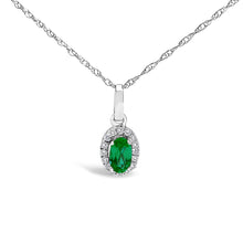 Load image into Gallery viewer, 10K White Gold 5x3mm Green Emerald and Diamond Accent Halo Oval Shape 18" Pendant Necklace (I-J Color, I1-I2 Clarity)
