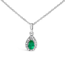 Load image into Gallery viewer, 10K White Gold 5x3mm Green Emerald and Diamond Accent Halo Pear Shape 18" Pendant Necklace (I-J Color, I1-I2 Clarity)
