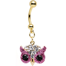 Load image into Gallery viewer, Clear Pink and Black Gem Gold Plated Beady Eye Owl Dangle Belly Ring

