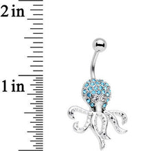 Load image into Gallery viewer, Clear and Aqua Gem Paved Steel I'm All Tentacles Octopus Belly Ring
